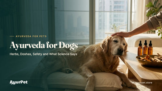 A senior Golden Retriever resting on a cushion beside dropper bottles and dried Ayurvedic herbs in a sunlit modern apartment