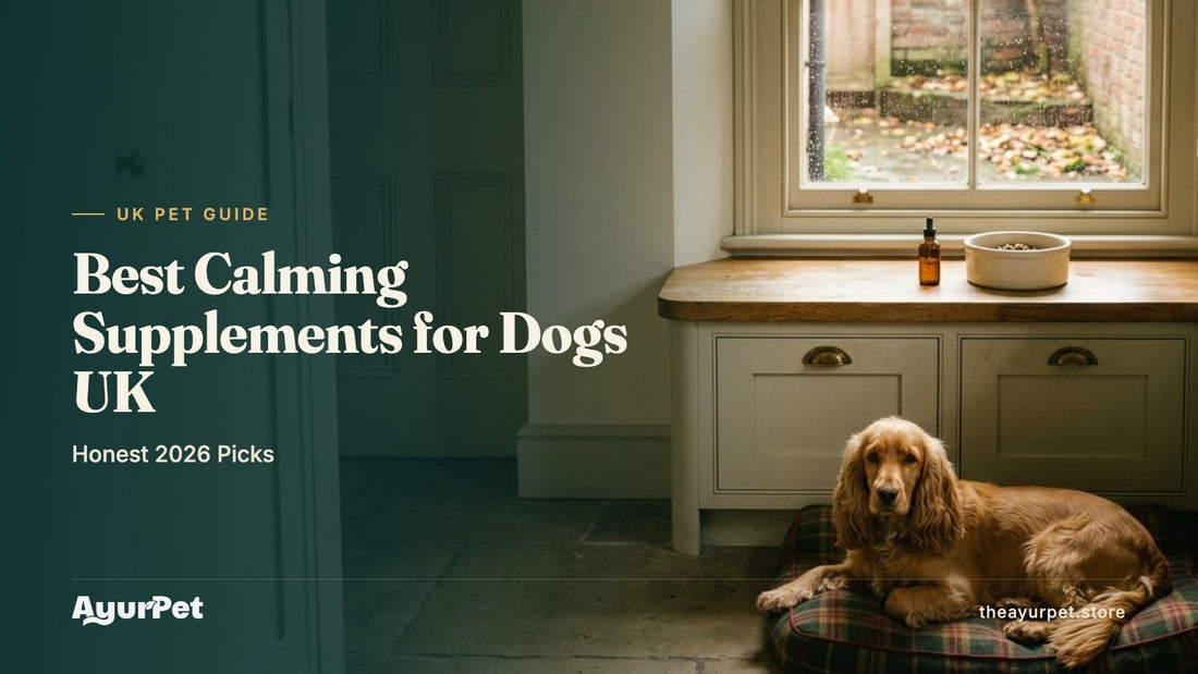 A relaxed Cocker Spaniel on a tartan bed in an English kitchen in autumn, beside a worktop with a small amber dropper bottle and a dog bowl