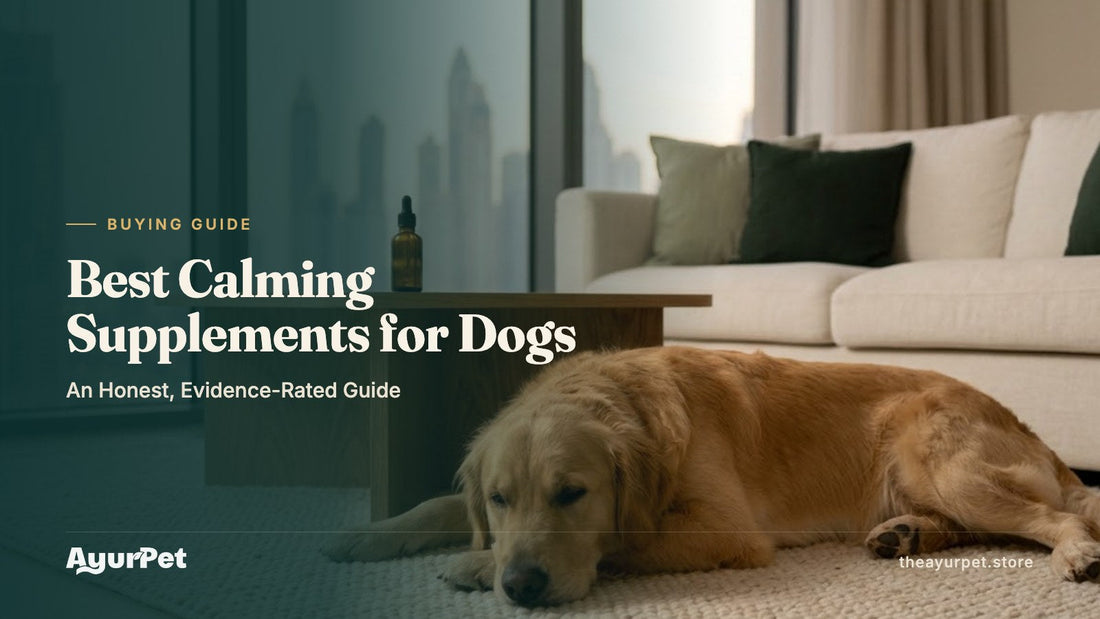 A relaxed Golden Retriever lying on a rug in a modern Dubai apartment at dusk, next to a small dropper bottle of calming drops