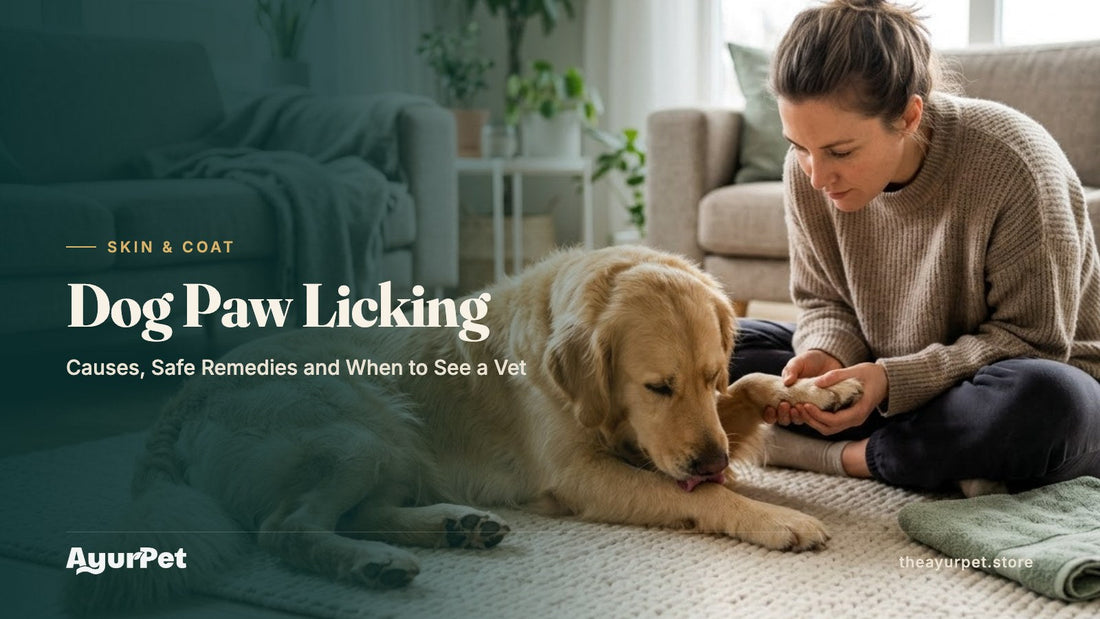 A Golden Retriever licking one front paw on a living room rug while its owner gently checks the other paw between the toes.
