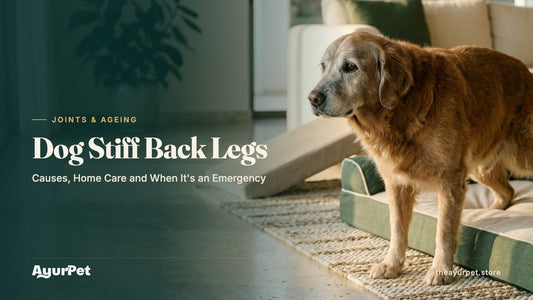A senior Golden Retriever getting up slowly from an orthopaedic bed on a non-slip rug in a bright modern home
