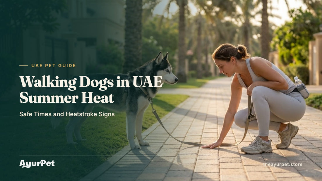 A dog owner presses her hand flat on the path to test the temperature while her Husky waits on the grass during an early morning walk in Dubai.