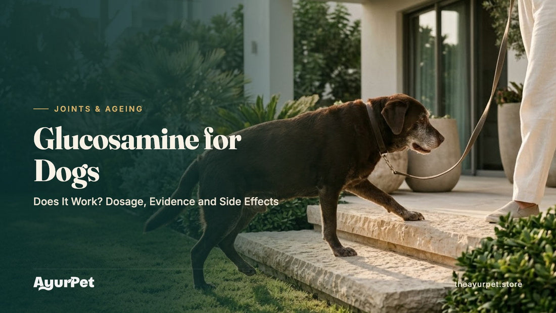 A senior chocolate Labrador with a grey muzzle stepping up onto a villa terrace beside its owner