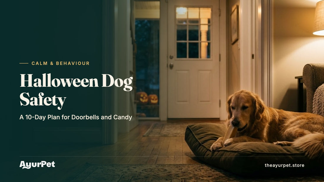 A calm Golden Retriever chewing on its bed in a quiet back room of a US suburban home while carved pumpkins glow on the front porch at dusk