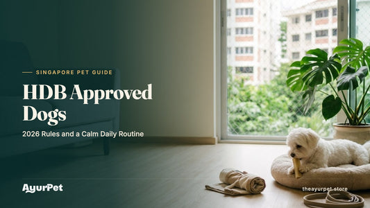A Maltese chewing calmly on its bed in a bright Singapore HDB flat living room with meshed windows and neighbouring blocks outside