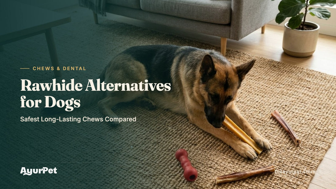 A German Shepherd chewing a yak cheese chew on a rug next to a rubber chew toy and a bully stick