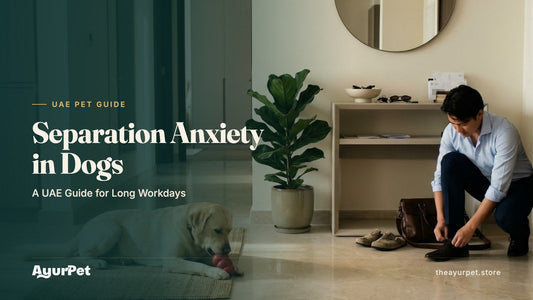 A relaxed Labrador busy with a food toy on a mat while its owner calmly puts on shoes by the front door of a Dubai apartment.