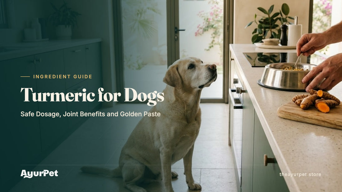 A senior Labrador waiting in a modern kitchen while its owner prepares food beside fresh turmeric roots and turmeric powder
