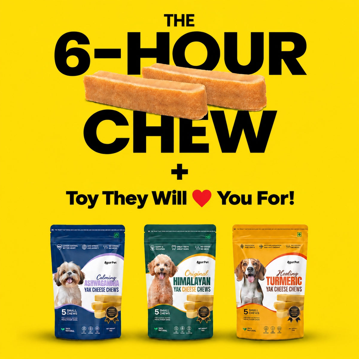 AyurPet yak cheese chews, the 6-hour chew: Calming Ashwagandha, Original Himalayan and Healing Turmeric packs